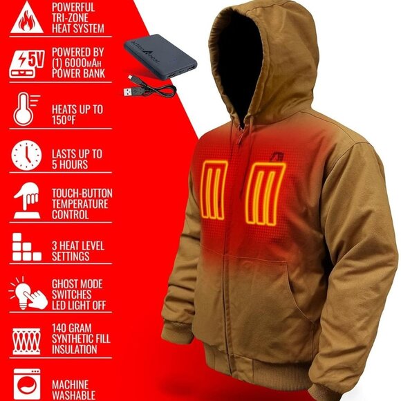 ActionWave Heated Work Jacket – Khaki, Heavy Duty w/ 3 Zone Heating System, Lg - Picture 3 of 5